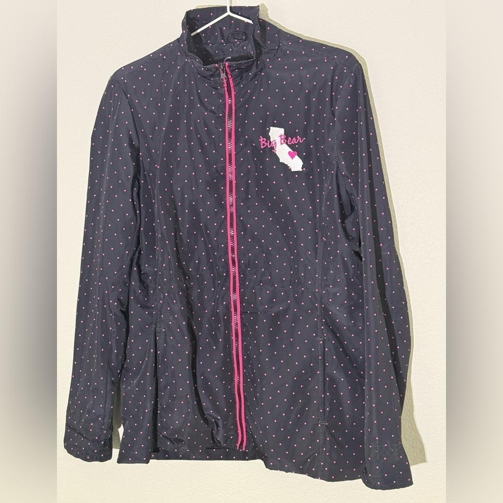 Black and Pink Polka Dot BIG BEAR, CA Full Zip Rain Coat or Snow Jacket Shell, M